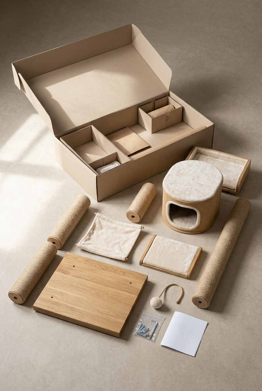 Organized cat tree parts beside neutral compartmented packaging