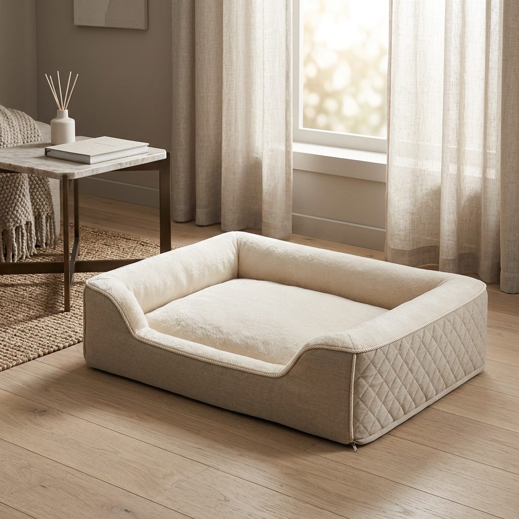 Dog bed in a refined neutral living room