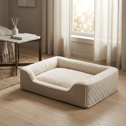 Dog bed in a refined neutral living room