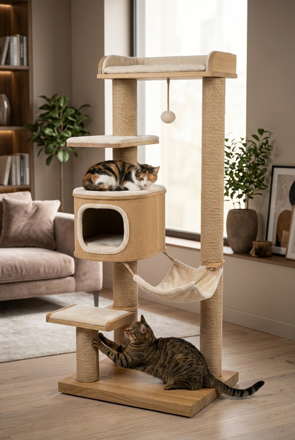 Two cats scratching and resting at different levels
