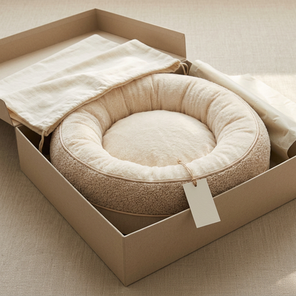 Pet bed with oatmeal packaging and cream dust bag