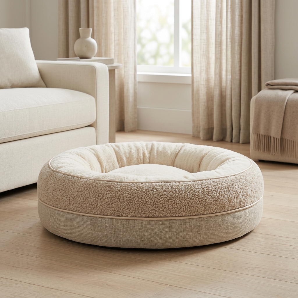 Round pet bed beside a cream sofa