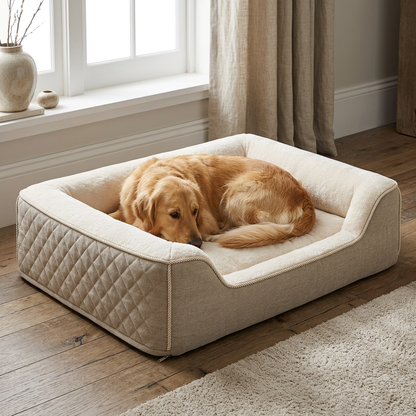Golden retriever curled on the supportive mattress