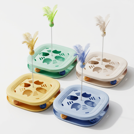 Four pastel interactive cat toy designs