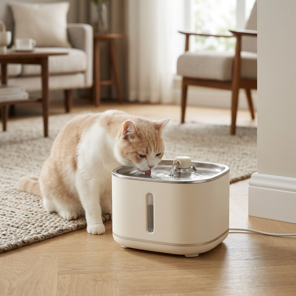Cream and white cat drinking in a tidy home