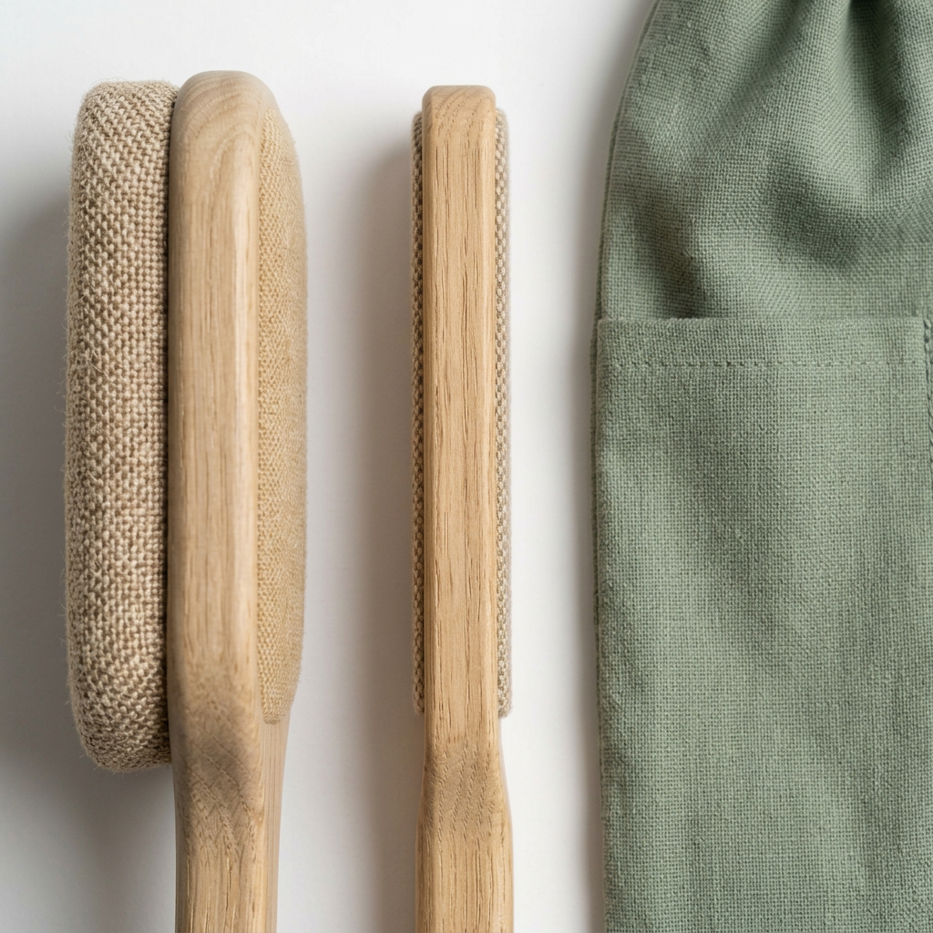 Light oatmeal textured cleaning surface and sage pouch detail