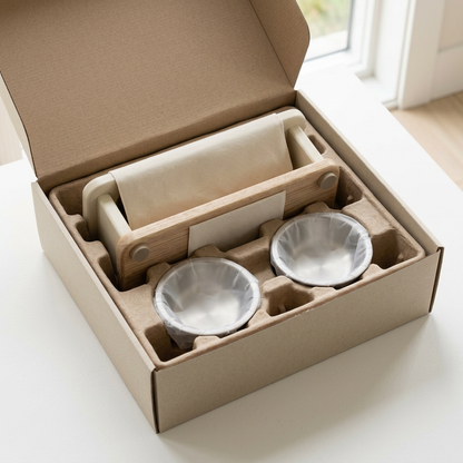 Feeding stand and protected bowls in fitted packaging