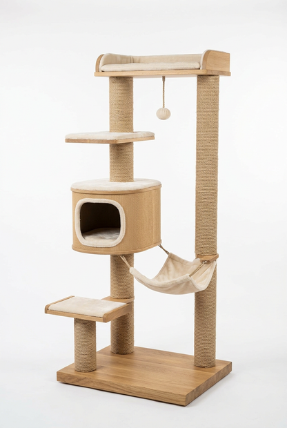 Complete cream and light-wood multi-level cat tree on white