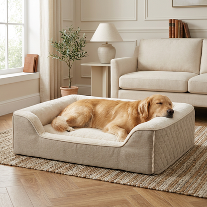 Golden retriever resting on the dog bed