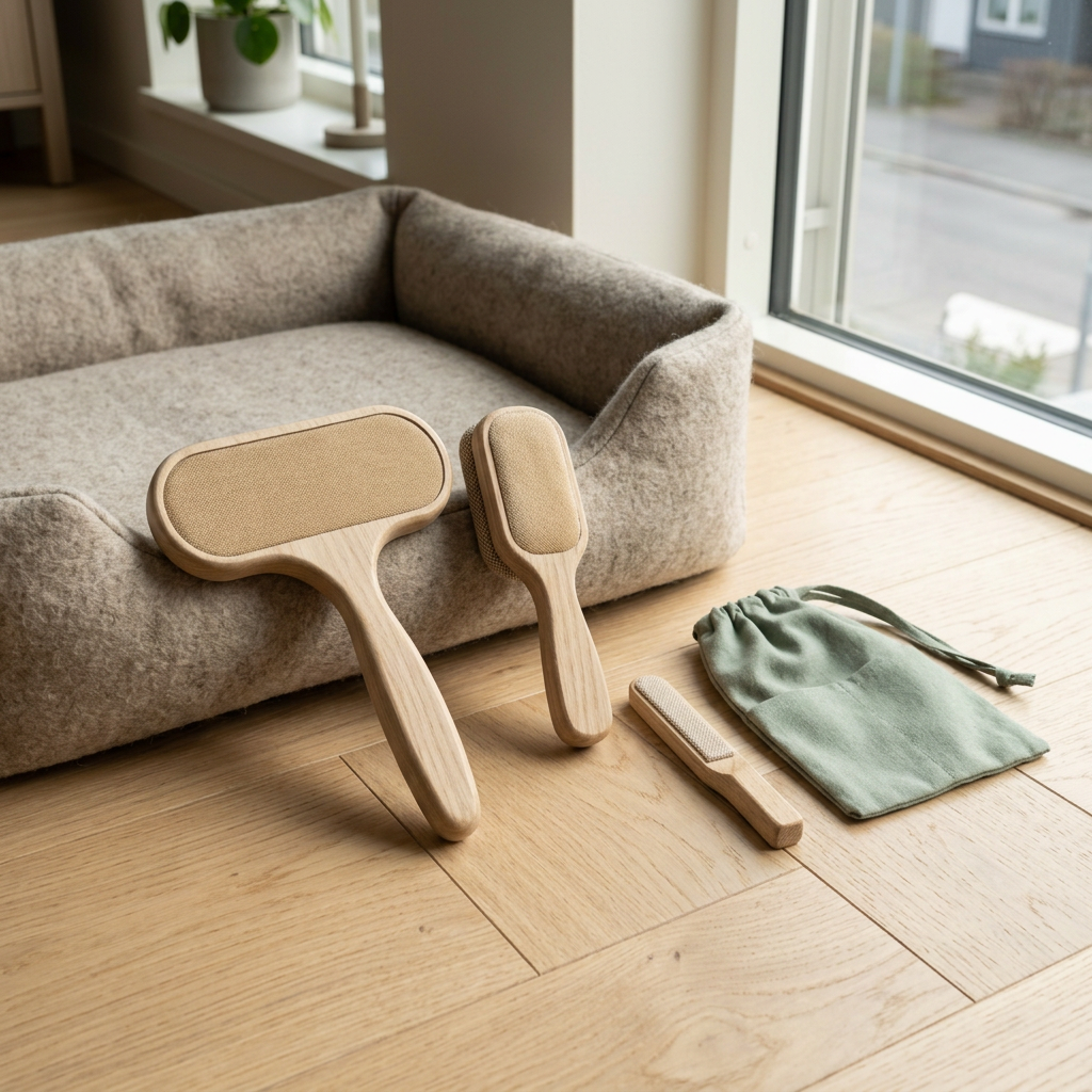 Wooden cleaning tools beside a fabric pet bed