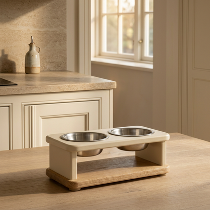 Feeding station styled in an elegant cream kitchen