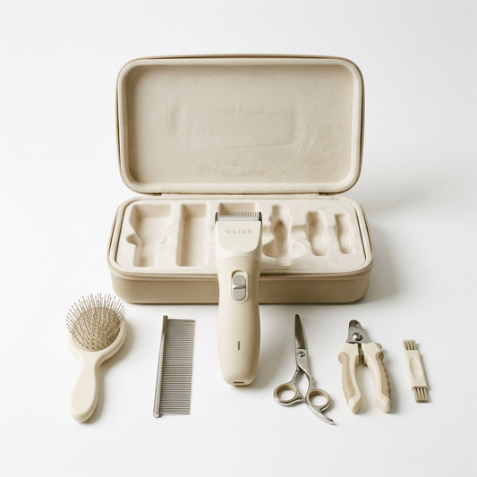 Six-tool cream pet grooming kit and fitted case on white