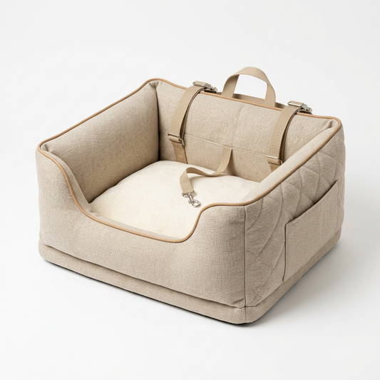 Cream and oatmeal quilted dog car travel seat on white