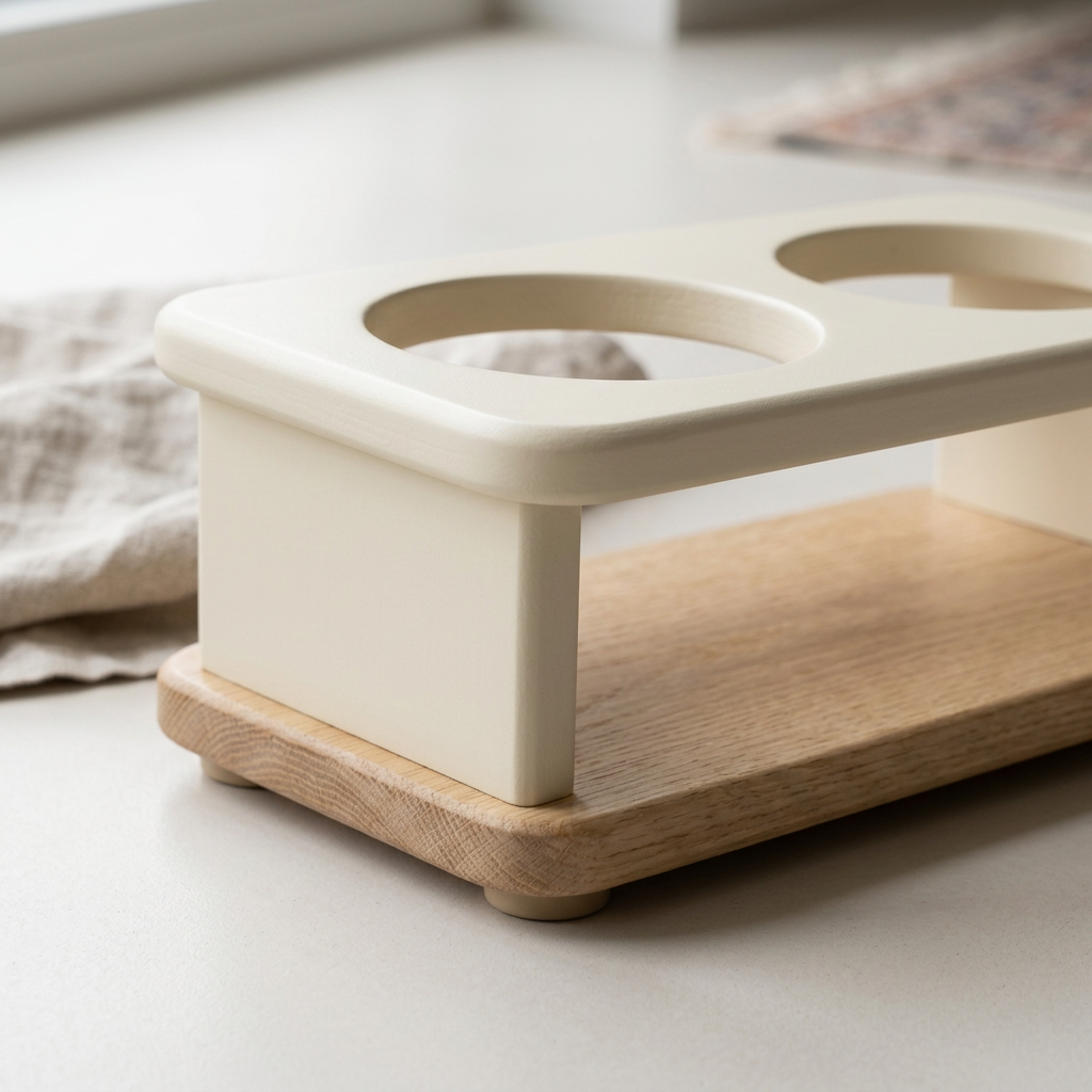 Rounded wooden base and cream support detail