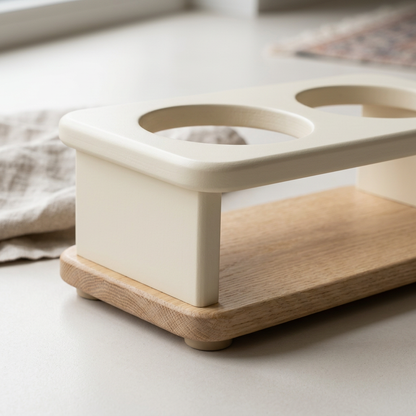 Rounded wooden base and cream support detail