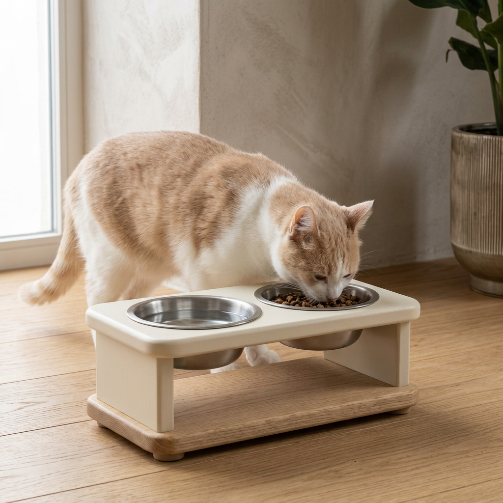 Cream and white cat using the double-bowl feeder