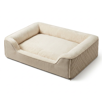 Cream and oatmeal orthopedic dog bed on a white background