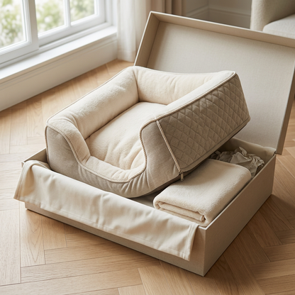 Dog bed with neutral-toned packaging
