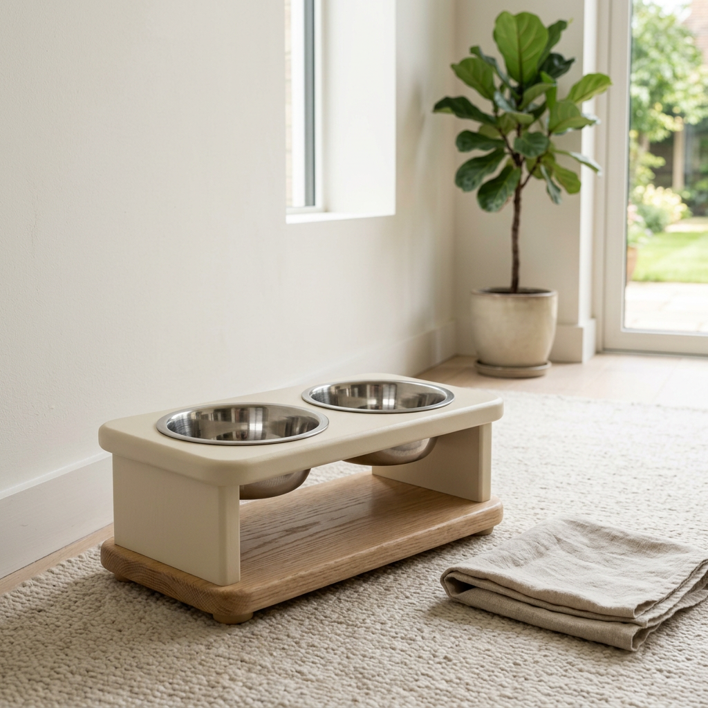Pet feeding station in a neutral dining corner