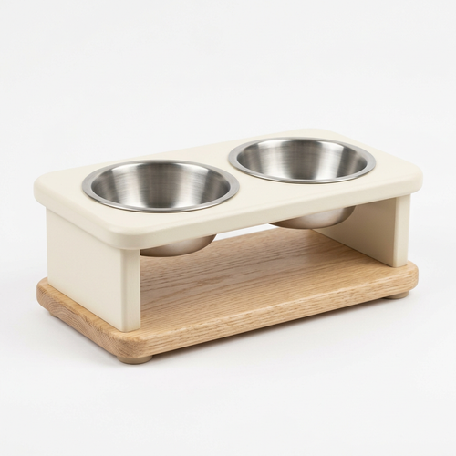 Cream and light-oak double-bowl feeding station on white