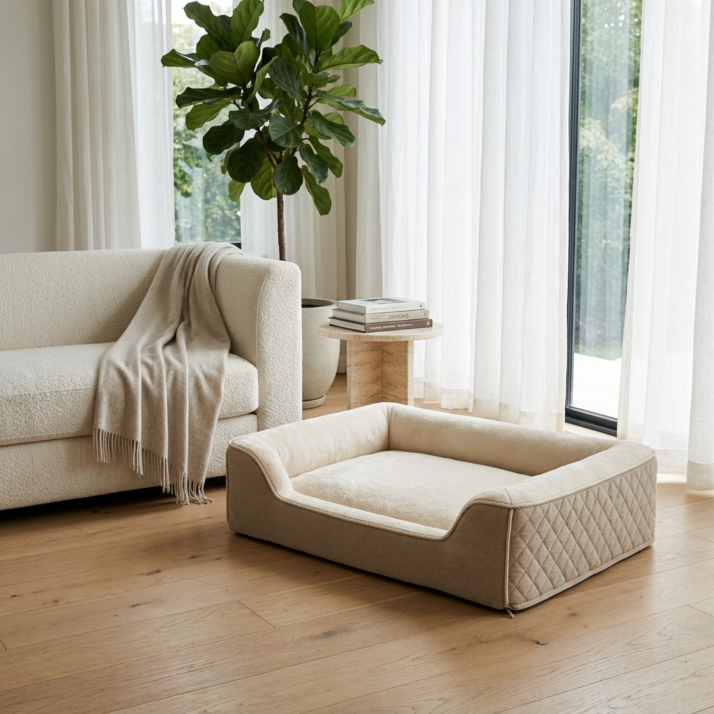 Dog bed beside a cream sofa
