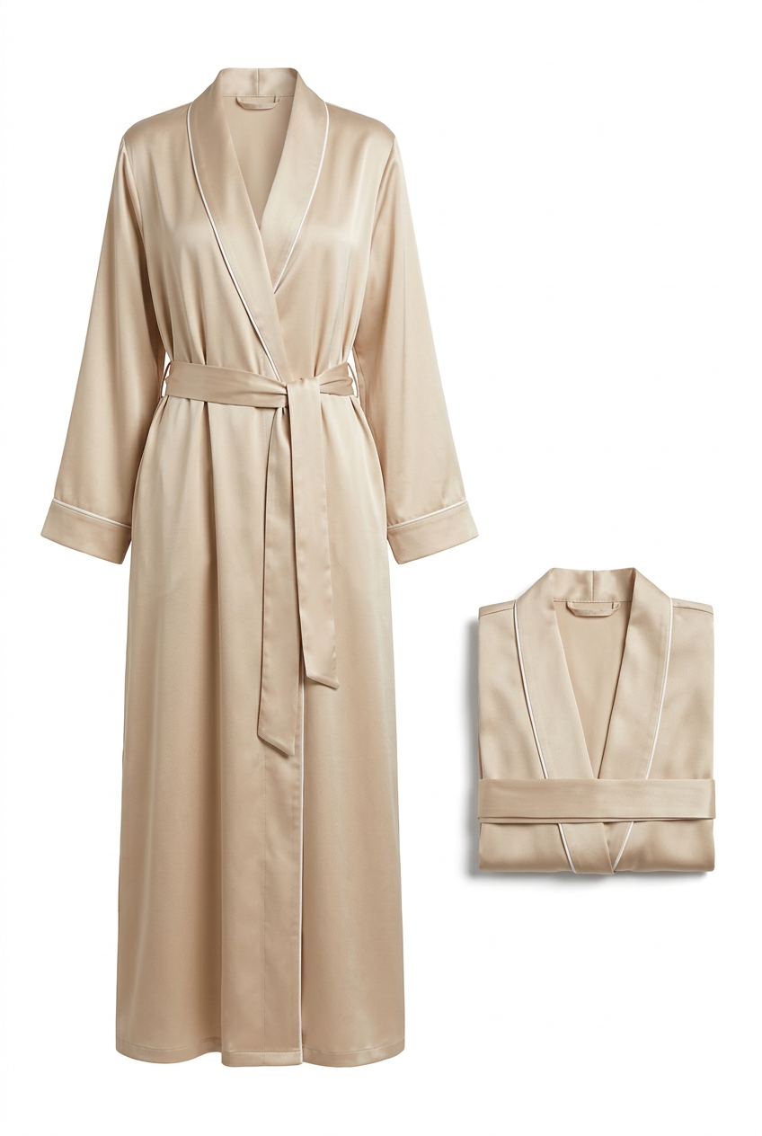 ✨ Premium Lounge Robe | Champagne Satin Longline Wrap with Pearl-White Piping, Relaxed Sleeves & Everyday Elegance 🌙
