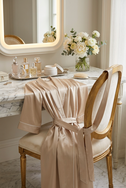 ✨ Premium Lounge Robe | Champagne Satin Longline Wrap with Pearl-White Piping, Relaxed Sleeves & Everyday Elegance 🌙