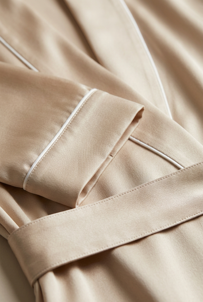 ✨ Premium Lounge Robe | Champagne Satin Longline Wrap with Pearl-White Piping, Relaxed Sleeves & Everyday Elegance 🌙