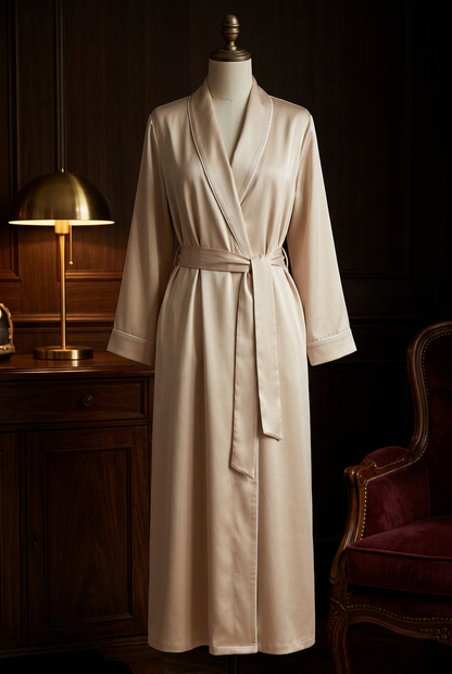 ✨ Premium Lounge Robe | Champagne Satin Longline Wrap with Pearl-White Piping, Relaxed Sleeves & Everyday Elegance 🌙