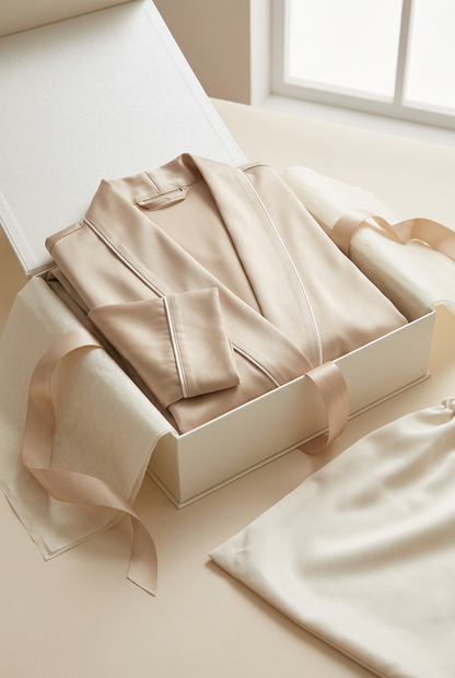 ✨ Premium Lounge Robe | Champagne Satin Longline Wrap with Pearl-White Piping, Relaxed Sleeves & Everyday Elegance 🌙